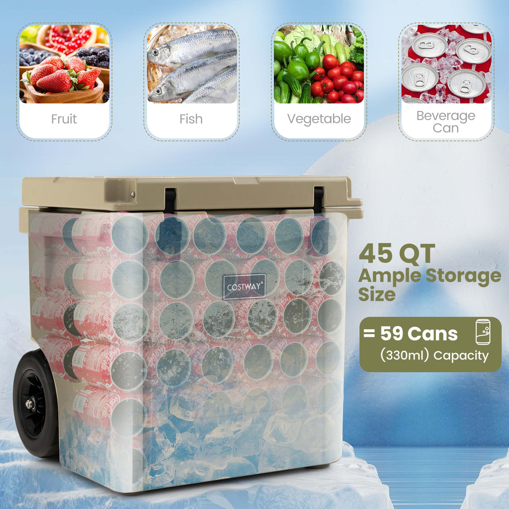Costway 45 Quart Cooler Towable Ice Chest w/ All-Terrain Wheels Leak-Proof for Camping