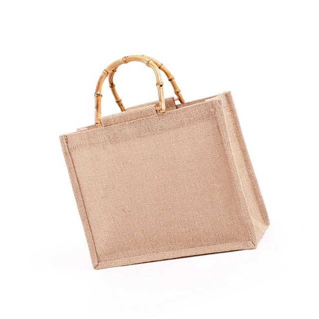 Bolsa De Compras De Yute Bolsa De Asa De Bambú Anticuada Bolsa De Regalo Natural Exquisita Para Compras De Yute Portátil Con Película Impermeable Para Tienda De Telas De Panadería Advancent HA026771-01