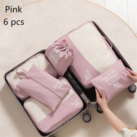 Portable Waterproof Multi-functional Training Handle Handbag Shoes Storage Bag With Zipper Storage Organizer Pouch Travel Organiser Set Holdall Shoulder Bag Woman Travel Bags PINK 6PCS