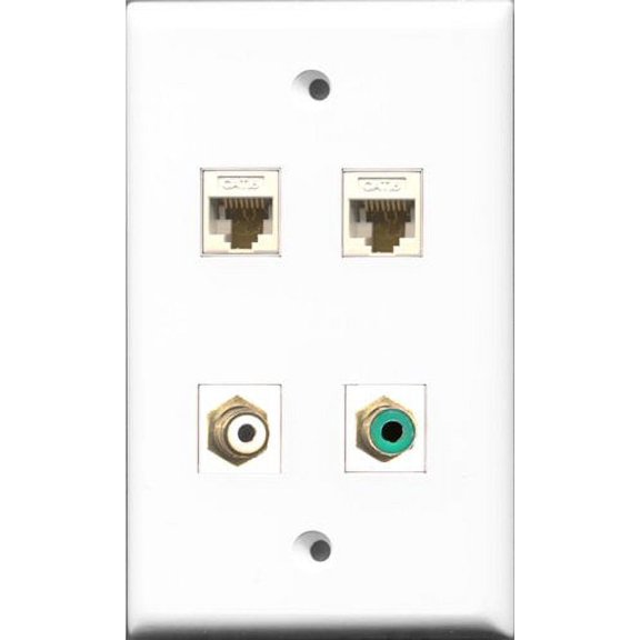 RiteAV 1 Port RCA White and 1 Port RCA Green 2 Port Cat6 Ethernet White Wall Plate