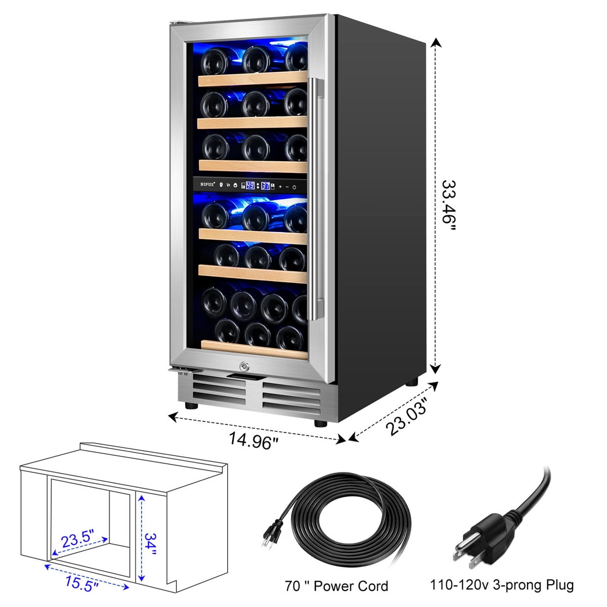 15 Inch 30 Bottle Dual Zone Wine Refrigerator Mini Wine Cooler Built-in and Freestanding with Built-In Light and 2 Type Handle Classic Series