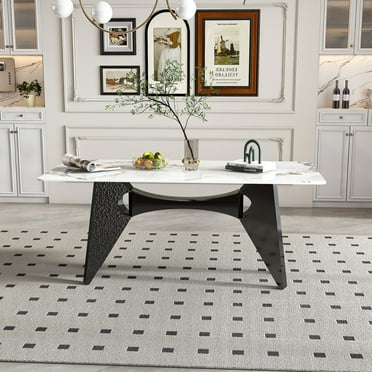Marble Dining Table for 6-8, 71" Modern Luxury Dining Room Table for Kitchen, Carrara Gold Rectangular Table with Horse Stainless Steel Base for 4-6 People.