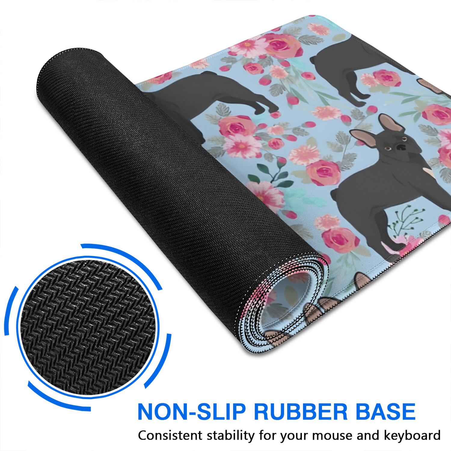 Long Mouse Pads for Desk,French Bulldog and Flower Desk Mats on Top Of Desks, Desk Mouse Pad Extra Large with 3mm Non-Slip Base and Stitched Edge for Gaming,Office,Work,Home 47.3"x23.6"