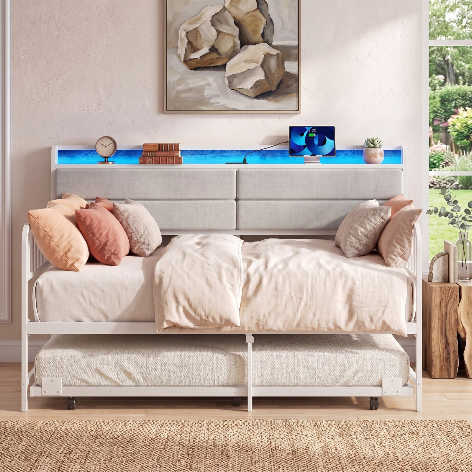 Furnibear Twin Metal Daybed with Pull-Out Trundle and Upholstered Storage Headboard with Charging Station and RGB LED, White