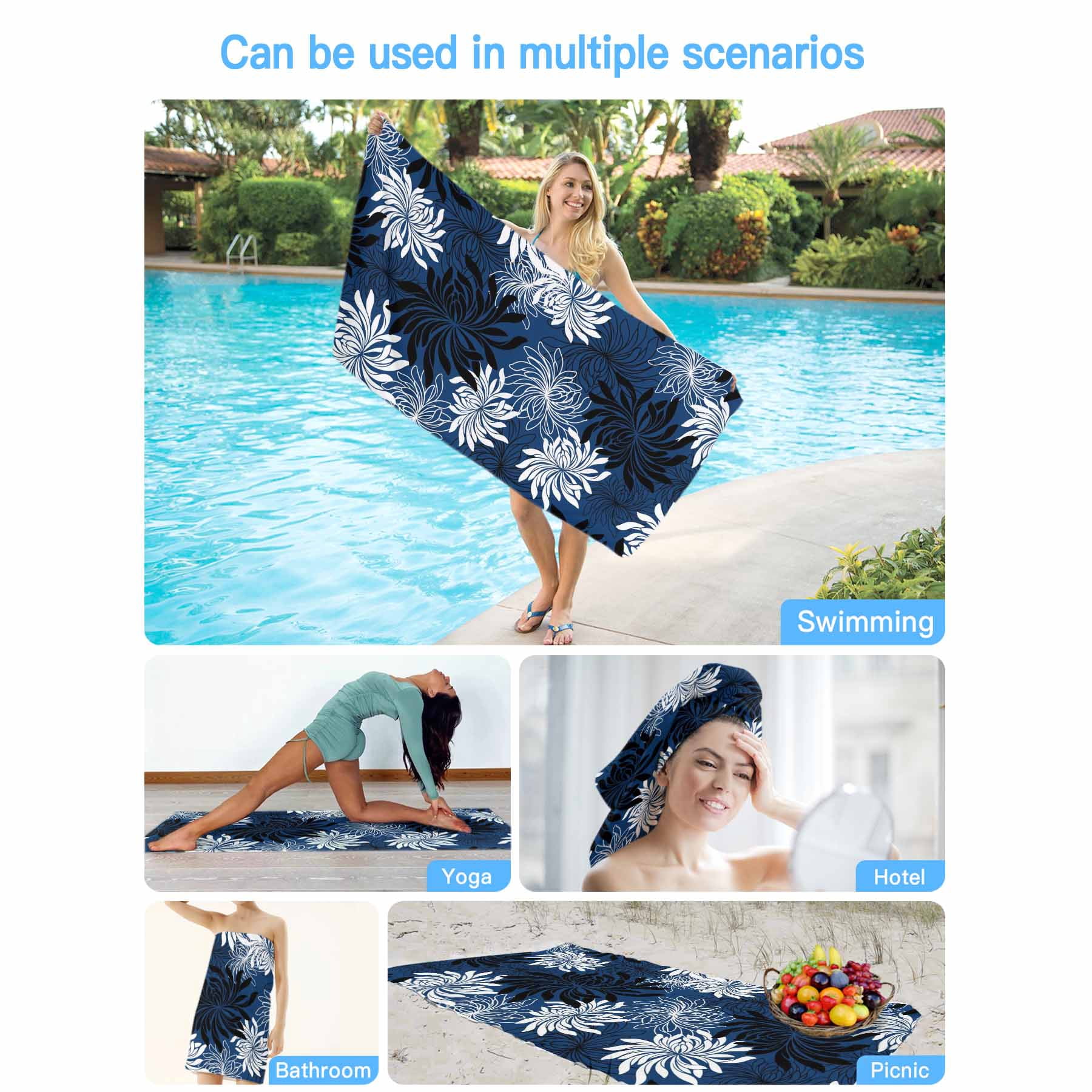 Beach Towel Chrysanthemum Bath Pool Towels Vintage Navy Blue Black Floral Absorbent Beach Towel Soft Large Quick Dry Lightweight Camping Travel Sports Yoga Gym Swim Towels for Adult 35x70 Inch