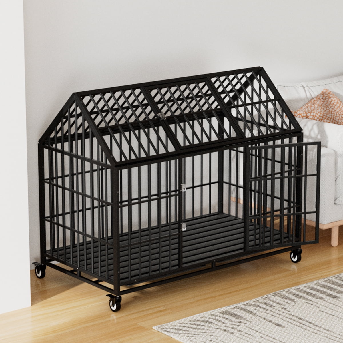 Snuowu 54 Inch Heavy Duty Dog Crate Large Dog cage Strong Metal Dog Kennels and Crates for Large Dogs Top Open with Wheels 2 Removable Trays