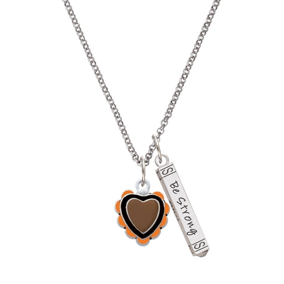 Delight Jewelry Silvertone Brown & Black Heart with Orange Ruffles Silvertone Be Strong and Courageous Bar Charm Necklace, 23"