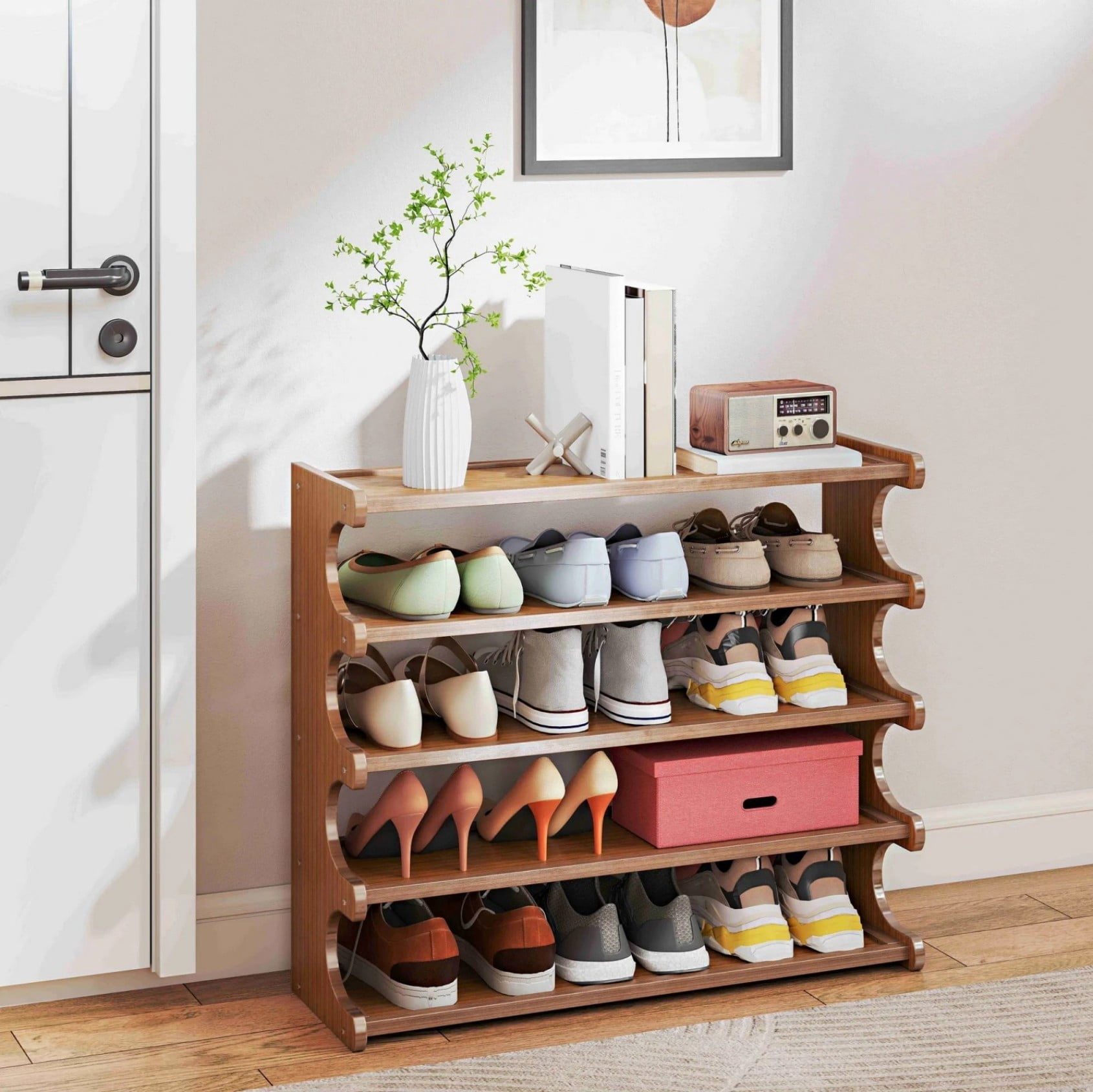 6 Tier Shoe Cabinet Organizer, Narrow Shoe Storage Cabinet with Doors for Entryway Hallway Closet, Brown