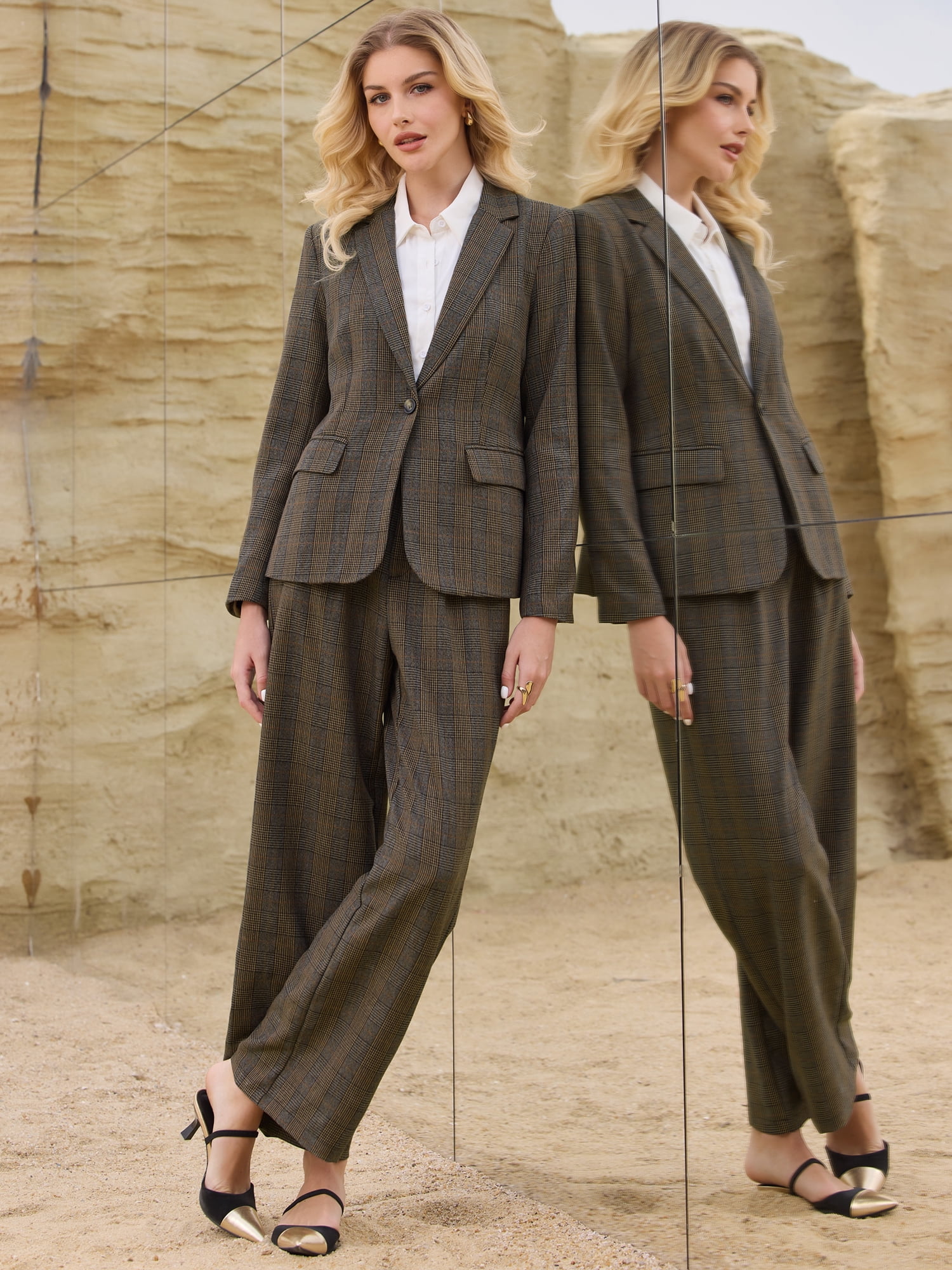 DARING DIVA Women's Houndstooth Plaid Blazer Business Suit Jacket S Brown