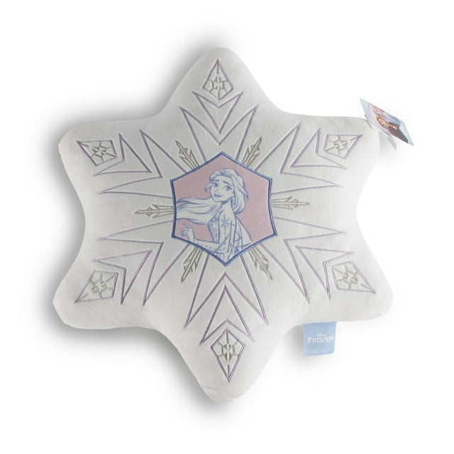 Frozen-themed white snowflake shaped décor pillow with purple embroidery and central hexagon showing Elsa character.