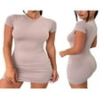 thumbnail image 2 of Women Bodycon Mini Dress Ruched Casual Short Sleeve  Neck Solid Slim Fit Tee Shirt Dress, 2 of 7