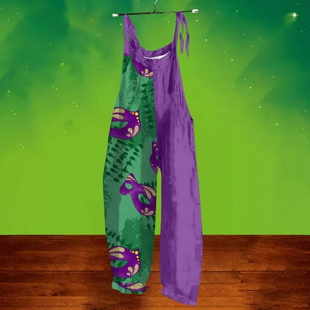 Bunenne Womens Linen Pants Cotton Linen Pants Women s Purple Carnival Jumpsuit  Trendy Sleeveless Bodysuit Mardi Gras Purple Patchwork Print Jumpsuit Ladies Linen Pants Dark Blue M