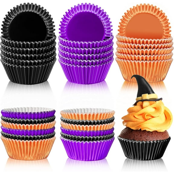 300Pcs Foil Cupcake Liners 2 Inch Cupcake Wrappers Paper Bake Cup Set Foil Muffin Liners for Christmas Halloween Party Supplies(Black, Purple, Orange)