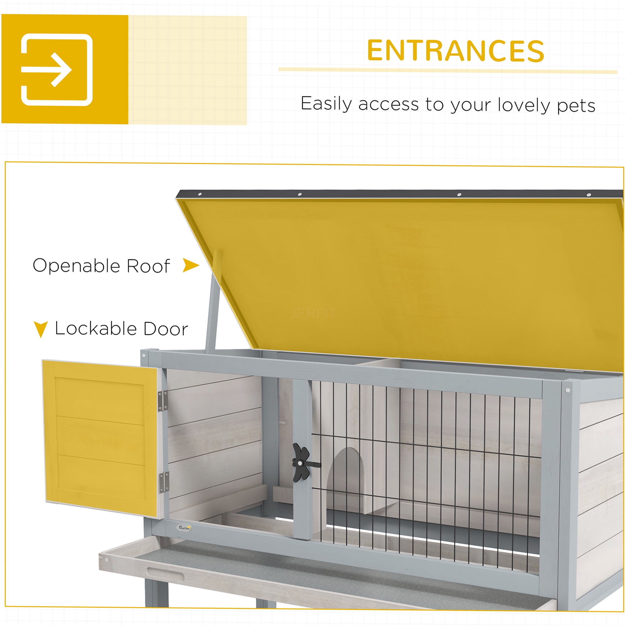 JERFIT Elevated Rabbit Hutch with Removable Tray, Indoor Outdoor Wooden Bunny Cage with Asphalt Roof for Rabbits Guinea Pigs, Gray