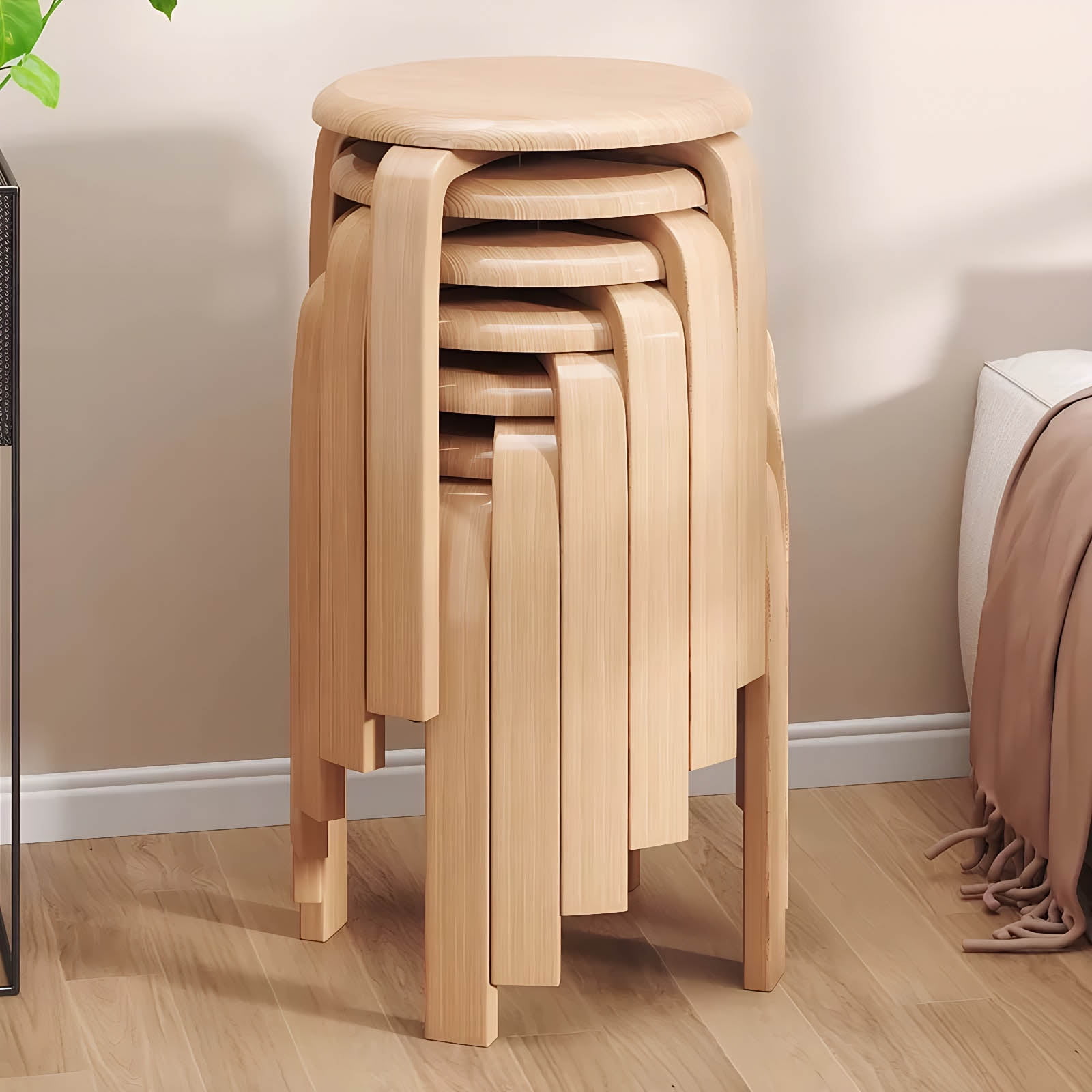 Stackable Stools, Bentwood Stools, Nesting Chairs&nbsp;Set of 4 Round Backless School and Kitchen Stools, Anti-Slip Felt Pad, Natural, 18 Inch Height, Space-Saving Design