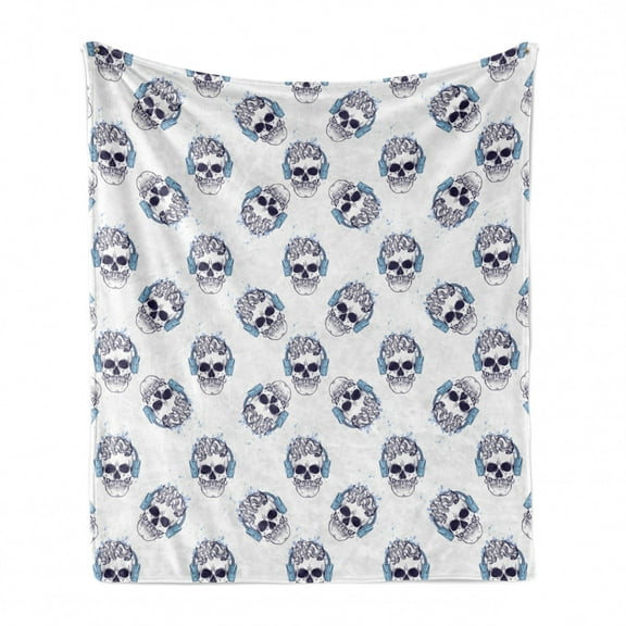 Hipster Soft Flannel Fleece Throw Blanket, Pattern of Outline Skull with Headphones Splashes, Cozy Plush for Indoor and Outdoor Use, 70" x 90", Indigo Pale Sky Blue, by Ambesonne