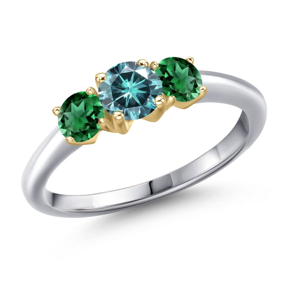 Gem Stone King 925 Silver and 10K Yellow Gold Blue Moissanite and Green Nano Emerald Engagement Ring for Women | 1.10 Cttw | Round 5MM | Gemstone Birthstone | Size 6