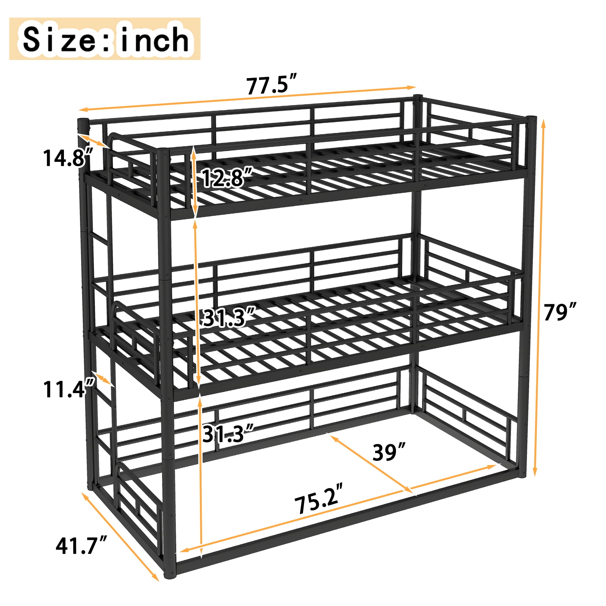 Leumius Twin over Twin over Twin Bunk Bed,Metal Triple Bunk Bed for 3 Kids/Teens,Heavy Duty Triple Bed with Guardrail and Ladder,Separates Into 3 Twin Beds,Black