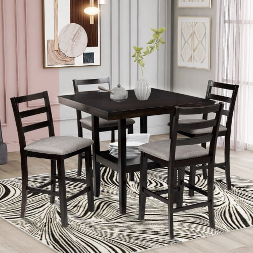 5Piece Wooden Counter Height Dining Set with Padded Chairs and Storage