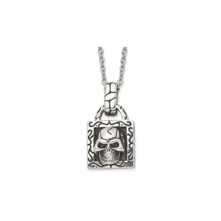 Stainless Steel Antiqued and Polished Skull Pendant Necklace with Chain (24 inches) for Men