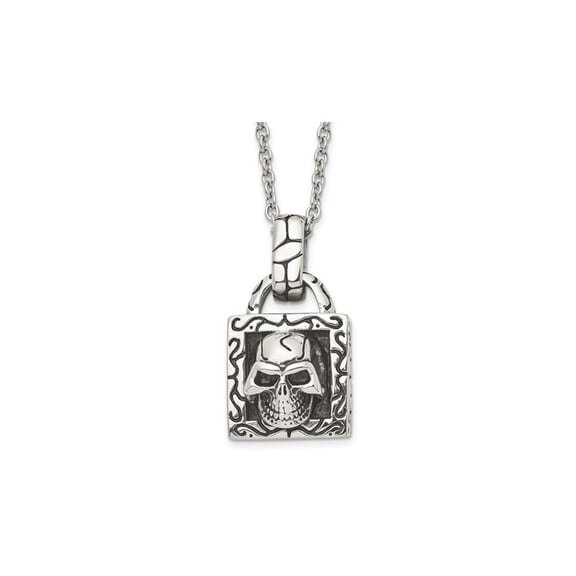 Stainless Steel Antiqued and Polished Skull Pendant Necklace with Chain (24 inches) for Men