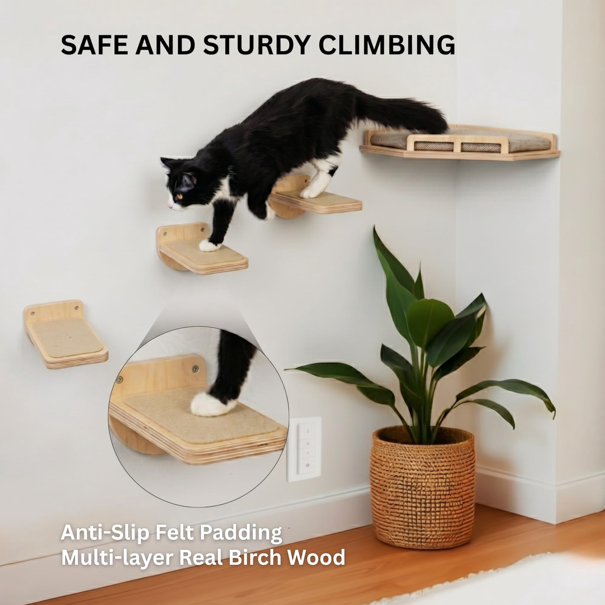 Cat Wall Shelves - Safe And Sturdy Furniture Stylish Corner Shelf With 3 Steps For Cats Up To 15lbs Cushioned Perch Stairs Climbing Playing Wood
