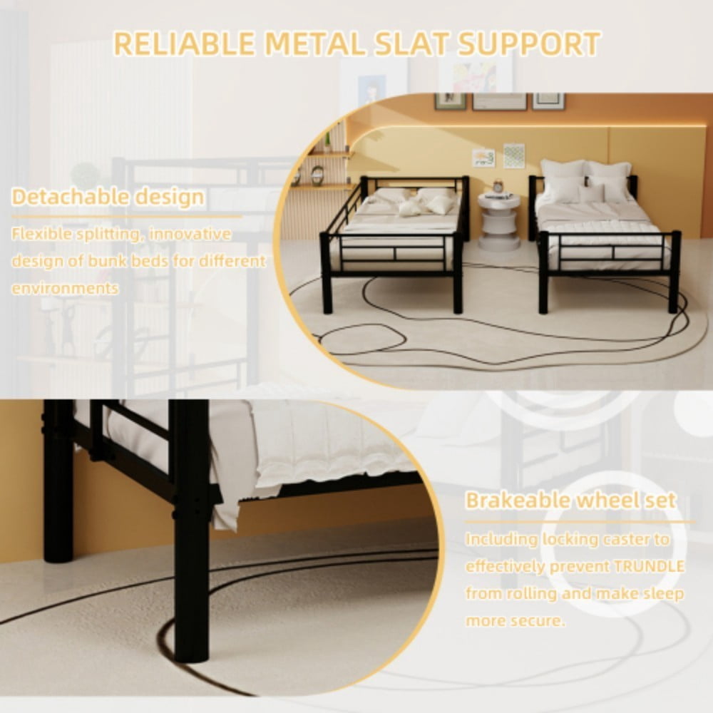 Twin Metal Bunk Bed, Convertible & Detachable into 2 Twin Beds, Heavy-Duty Iron Frame, 400 lbs Capacity, Guardrails & Ladder, Black