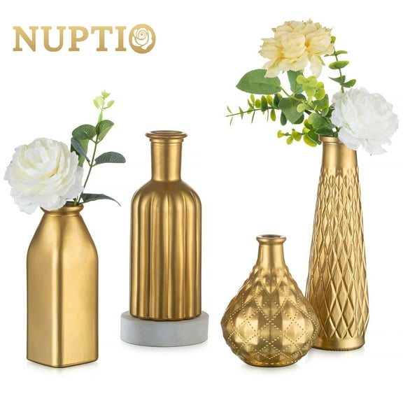 Nuptio Gold Bud Vases for Flowers: Small Glass Flower Vase for Centerpieces Wedding, Vases Home Decor Set of 4