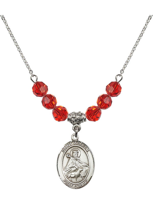 18-Inch Rhodium Plated Necklace with 6mm Crystal Birthstone Beads and Sterling Silver Saint William of Rochester Charm. 
