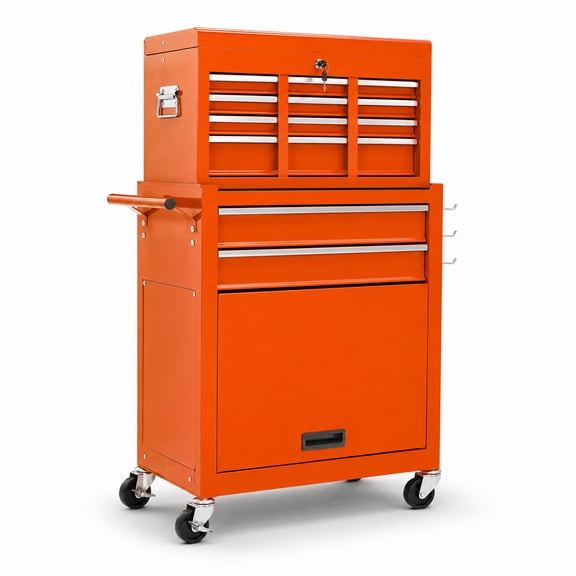 8-Drawer Rolling Tool Chest with Wheels, Orange Steel Tool Storage Cabinet with Locking Mechanism, Mobile Mechanic Tool Cart Detachable Toolbox, Ball Bearing Drawer Slides, Garage Workshop Organizer