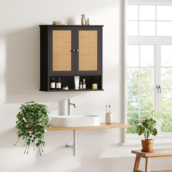 Rattan Two Door Wall Cabinet, Wooden Medicine Cabinet, Wall Mounted Bathroom Storage Cabinet with Inner Adjustable Shelf, for Bathroom, Kitchen, Entryway, Black and Natural BMGZ103BM