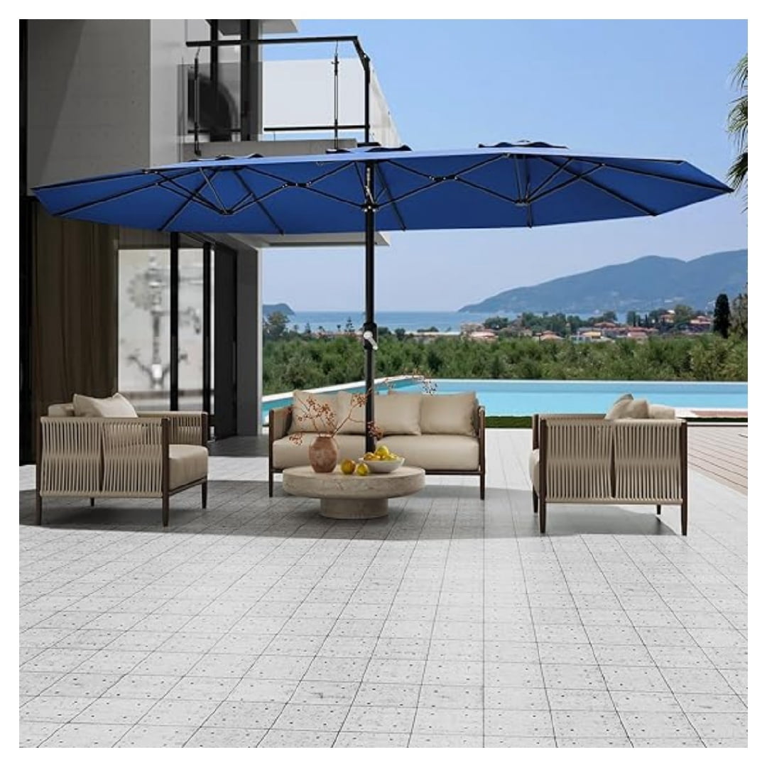 Heavy Duty 15FT Patio Umbrella with Weighted Base - Double-Sided Sun Shade for Outdoor Dining, Poolside, Backyard (Crank Handle, UV Blocking Fits 2-8 People)