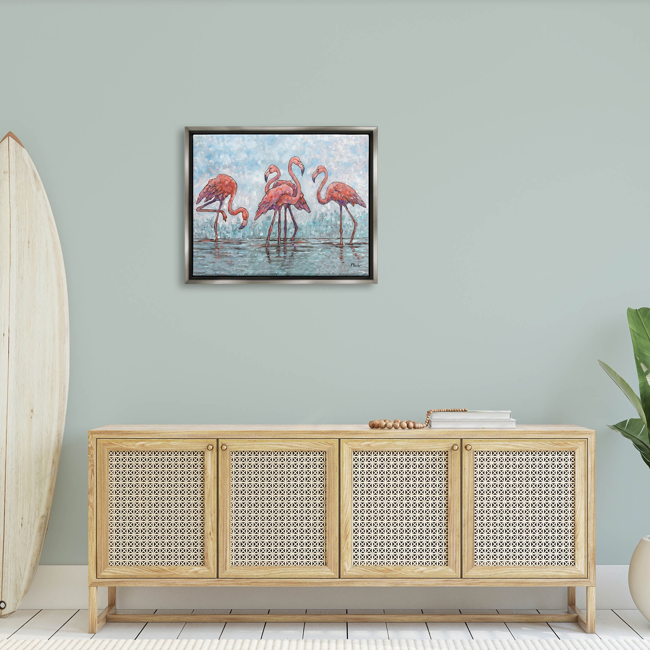 Stupell Industries Flamingos in Lagoon Impressionist Style Painting Luster Gray Floating Framed Canvas Print Wall Art, Design by Paul Brent