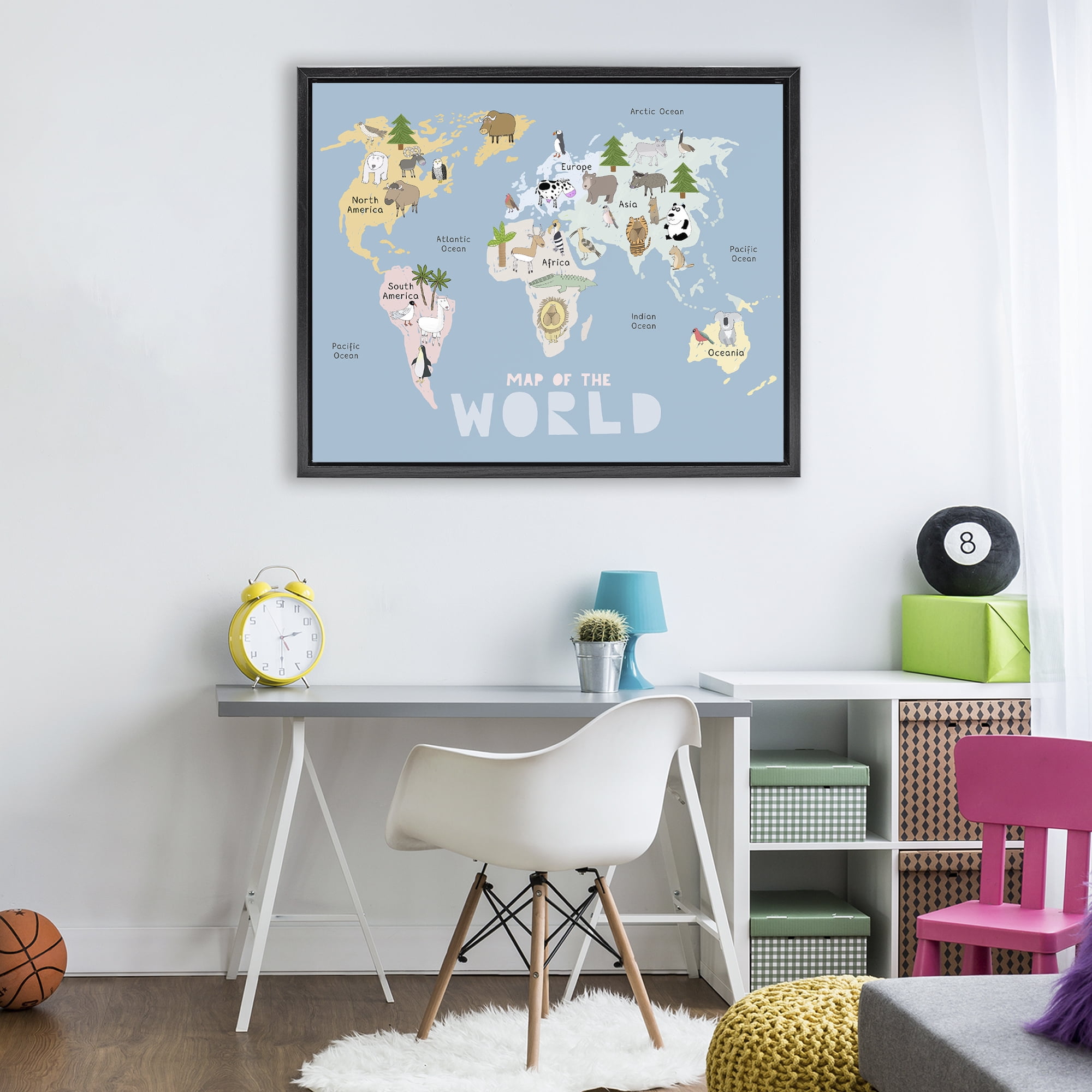 Kid's Map Of World Blue Black Framed Floater Canvas Wall Art, design by Carla Daly