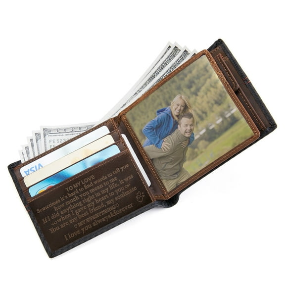 FeiYen Personalized Engraved Men Leather Bifold Wallet for Boyfriend Husband from Wife Girlfriend - Christmas Anniversary Valentines Day Birthday Wedding Gift