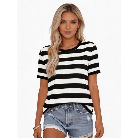 Busydd T Shirts for Women 2026 Striped Crew Neck Short Sleeve Summer Tops Slim Fit Casual Basic Tee Fashion Breathable Soft Stretchy Top for Daily #01Black S