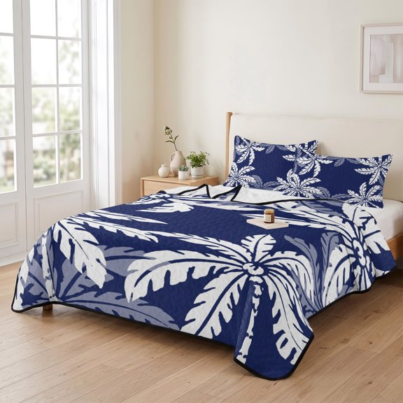 Summer Coconut Tree Dark Blue 3 Pieces Quilt Set,1 Quilt with 2 Shams,Abstract Style Bedspread Soft Lightweight Bedding Coverlet Comforter Set for All Season 90"x96"