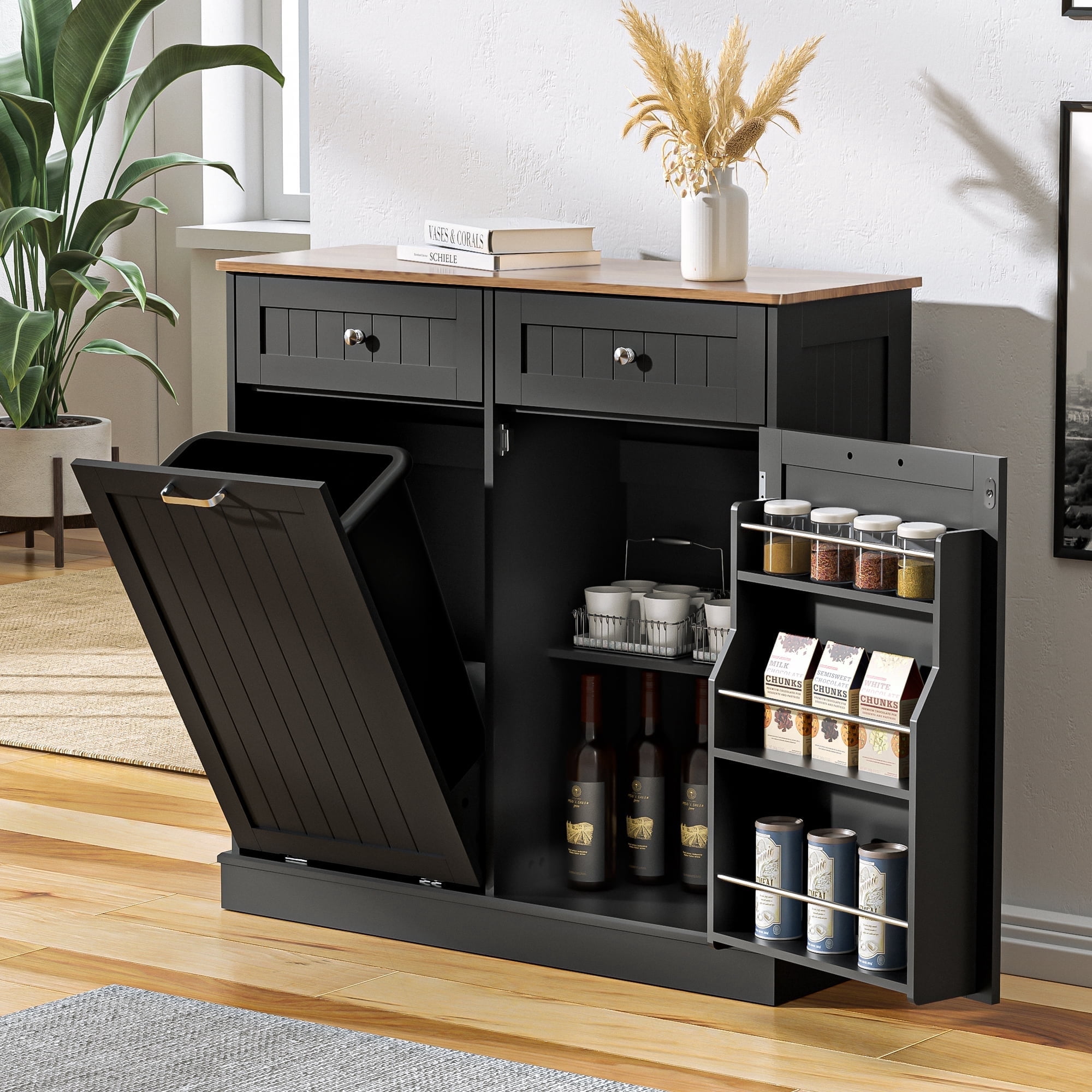 HARIPUL Single Tilt Out Trash Cabinet 13 Gallon Waste Bins Hidden Trash Bin w/ Shelf for Kitchen, Black