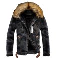 thumbnail image 2 of Gvmfive Men's Plush Lining Faux Fur Trim Hooded Buttons Down Pockets Denim Jacket Coat, 2 of 4