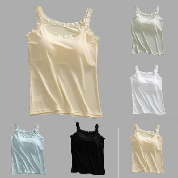 Miluxas Lace Camisole Tank Tops for Women V Neck Wide Strap Soft Lace Trim Cami with Built-in Breast Pad Yellow XL(XL)
