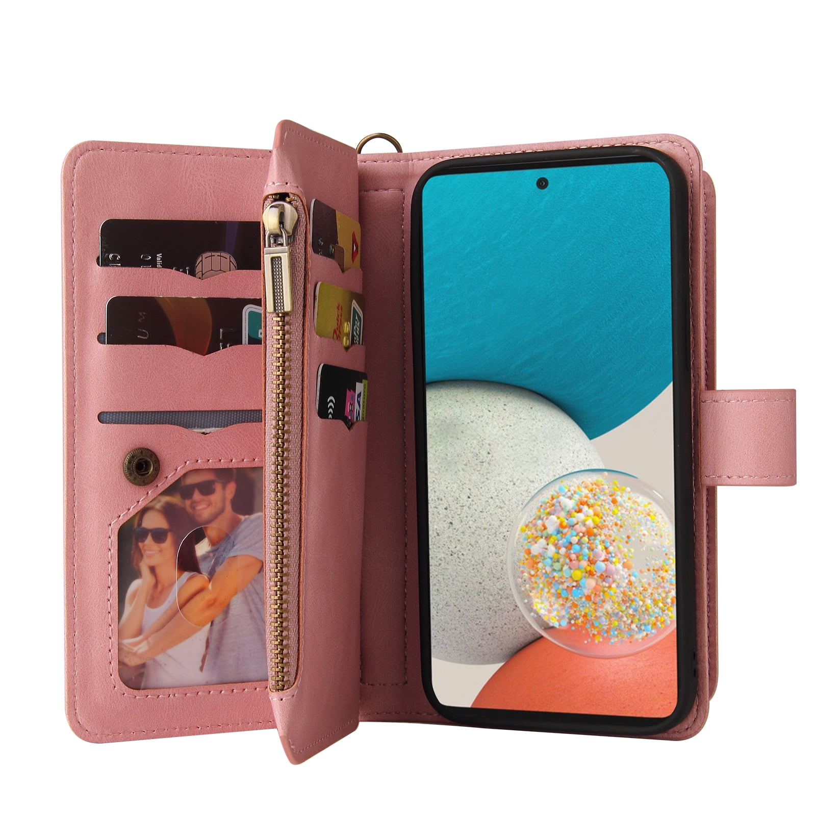 Phone Case for Samsung Galaxy A53 5G, Galaxy A53 5G Wallet Case, Luxury Folio Flip Leather Cover [Zipper Pocket] [Wrist Strap] [Kickstand] for Samsung Galaxy A53 5G 6.5 inch,Pink