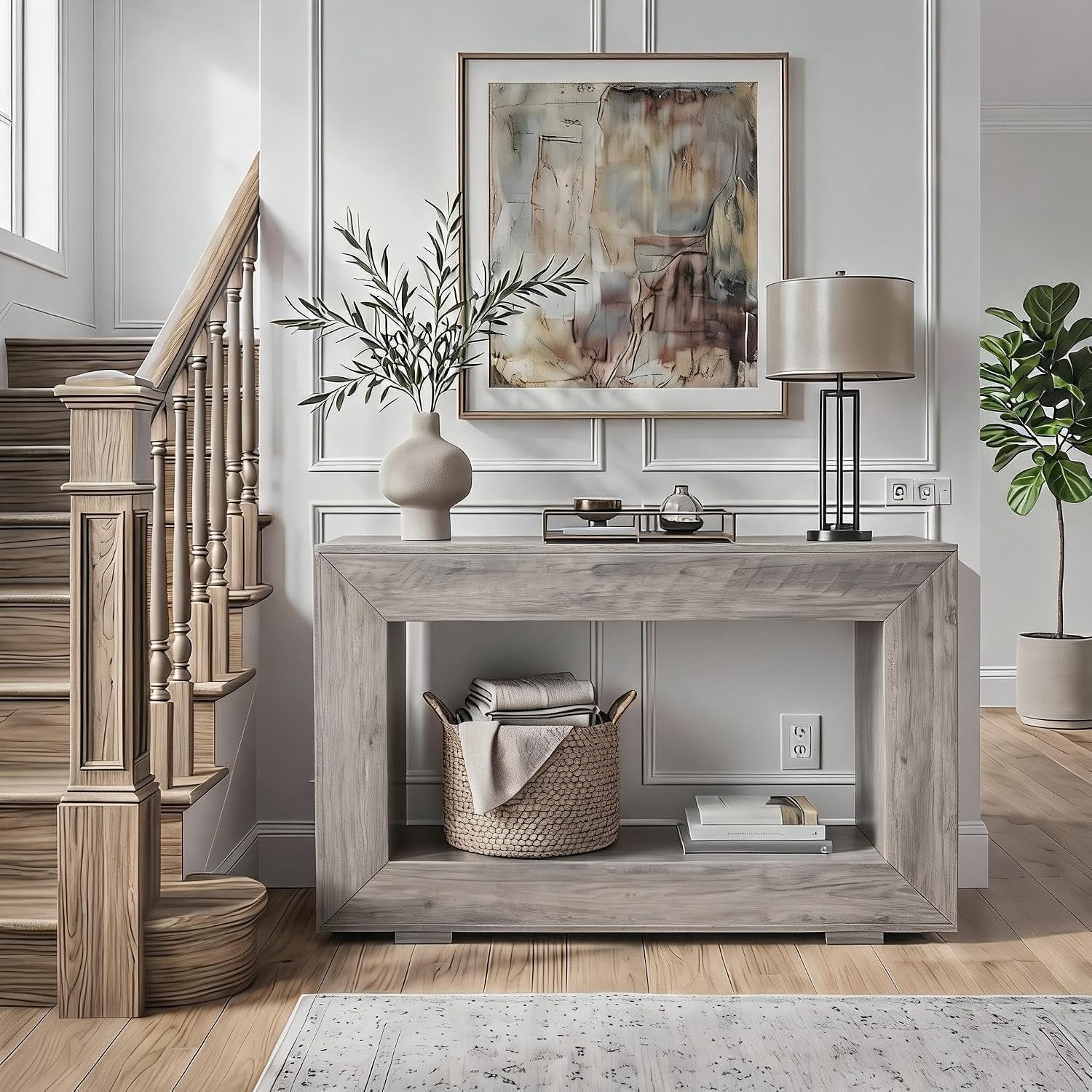 47" 2-Tier Farmhouse Console Table with Charging Station, Entryway Sofa Table with Outlets and USB Ports for Living Room, Behind Couch Narrow Hallway Table, Gray