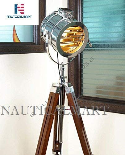 Home Decor Wooden Spotlight Tripod Floor Lamp Nautical Stand Marine Searchlight 