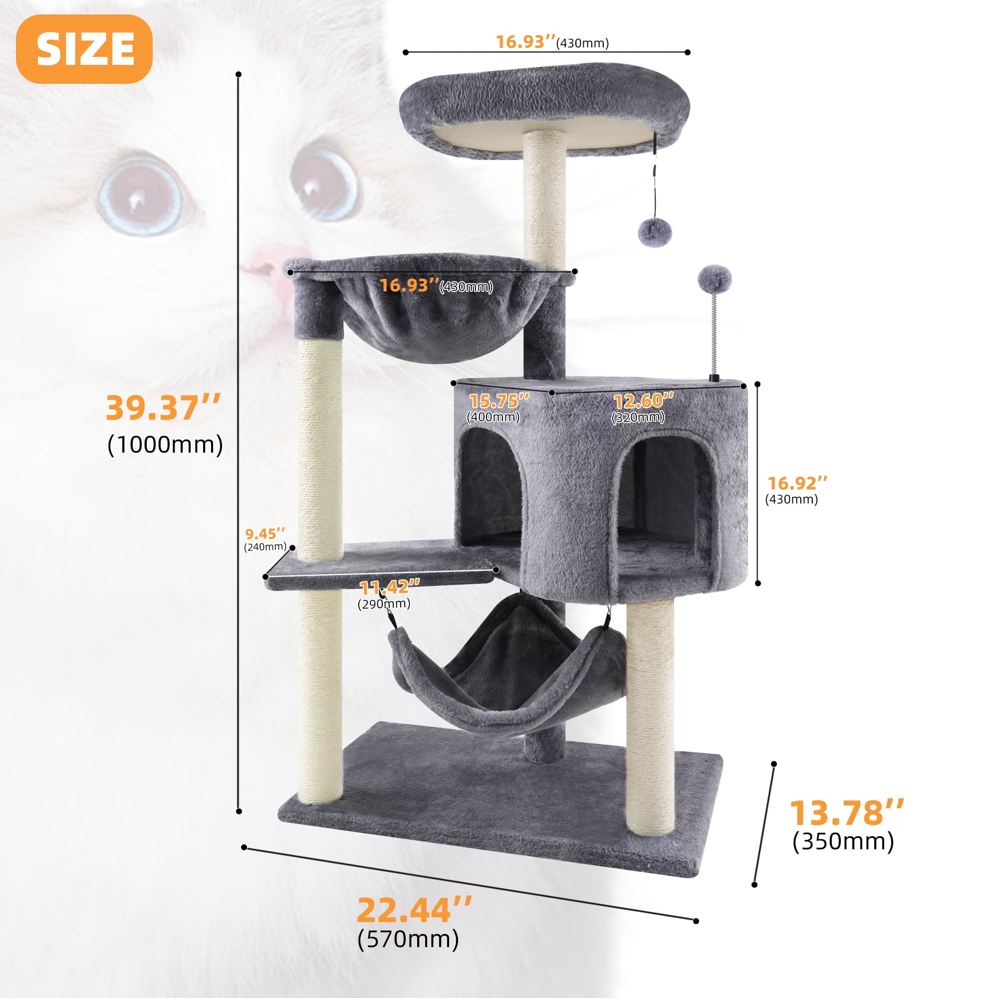AIWIKIDE 39.37" Cat Tree Cat Tower with Cat Condo and Big Hammock for Indoor Small Cats,Grey