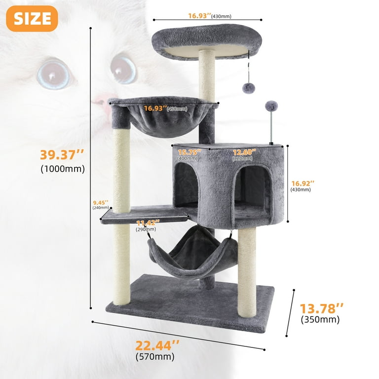 WK 39.37" Cat Tree Cat Tower with Cat Condo and Big Hammock for Indoor Small Cats,Grey