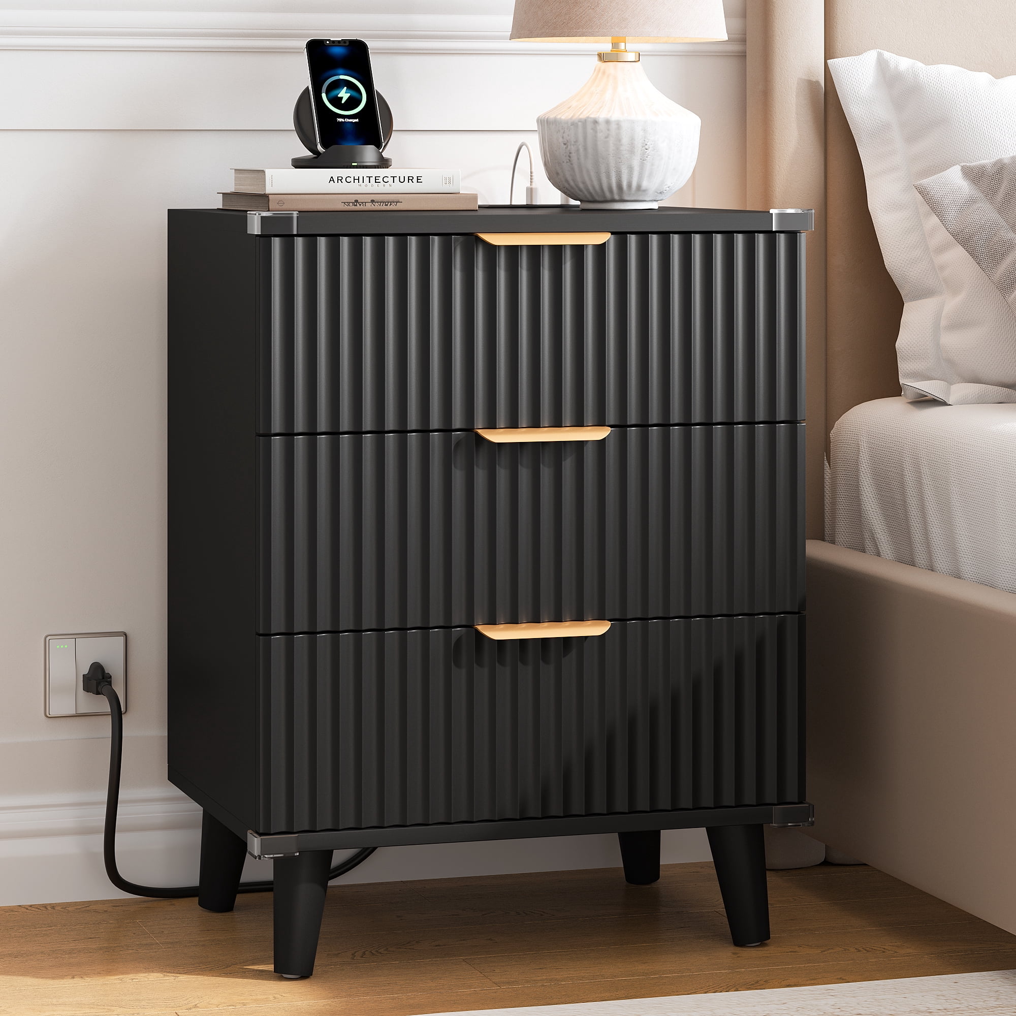 Aufeile Nightstand&nbsp;with Charging Station, 3 Drawer&nbsp;Nightstand for Bedroom, Fluted&nbsp;Bedside Table&nbsp;with USB Ports, Modern Wood&nbsp;Bedroom Side Table&nbsp;with Drawers, Black