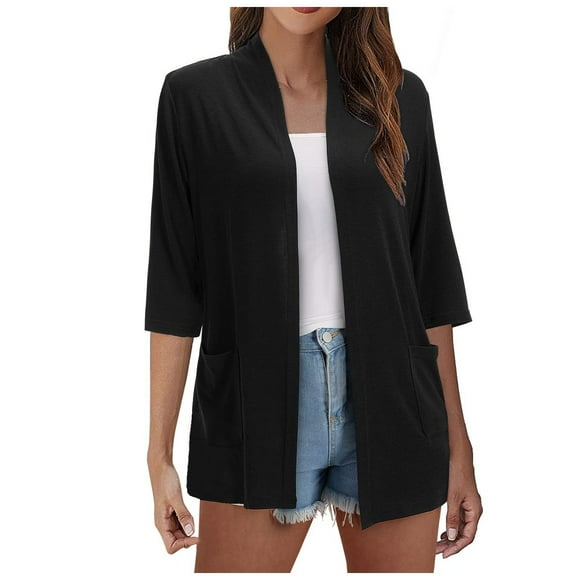 Wyzesi Cardigans pour Femmes avec Poches, Cardigans Légers à devant Ouvert pour Femmes, Hauts d'Extérieur d'Été et d'Automne, Couvre-Maillots Fins, Chandail à Manches Trois Quarts, Manteaux Décontractés, Hauts, Cardigan