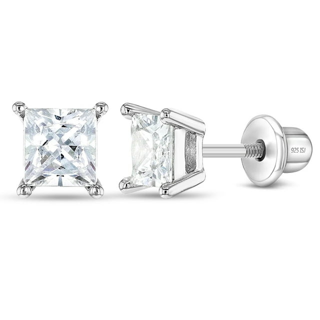 925 Sterling Silver CZ Princess Square Cut Screw Back Earrings Girls Stud 5mm