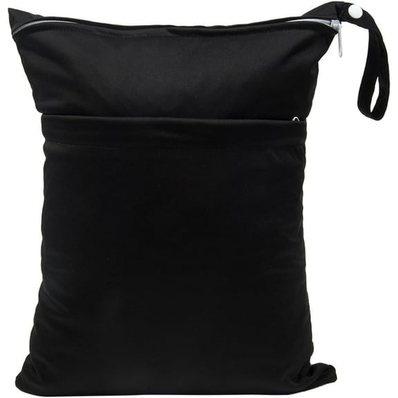 Wet Bag, Cloth Diaper Wet Dry Bags, Waterproof Reusable with Two Zippered Pockets Travel Beach Pool Soiled Baby Items Yoga Gym Bag for Swimsuits or Wet Clothes(Black)