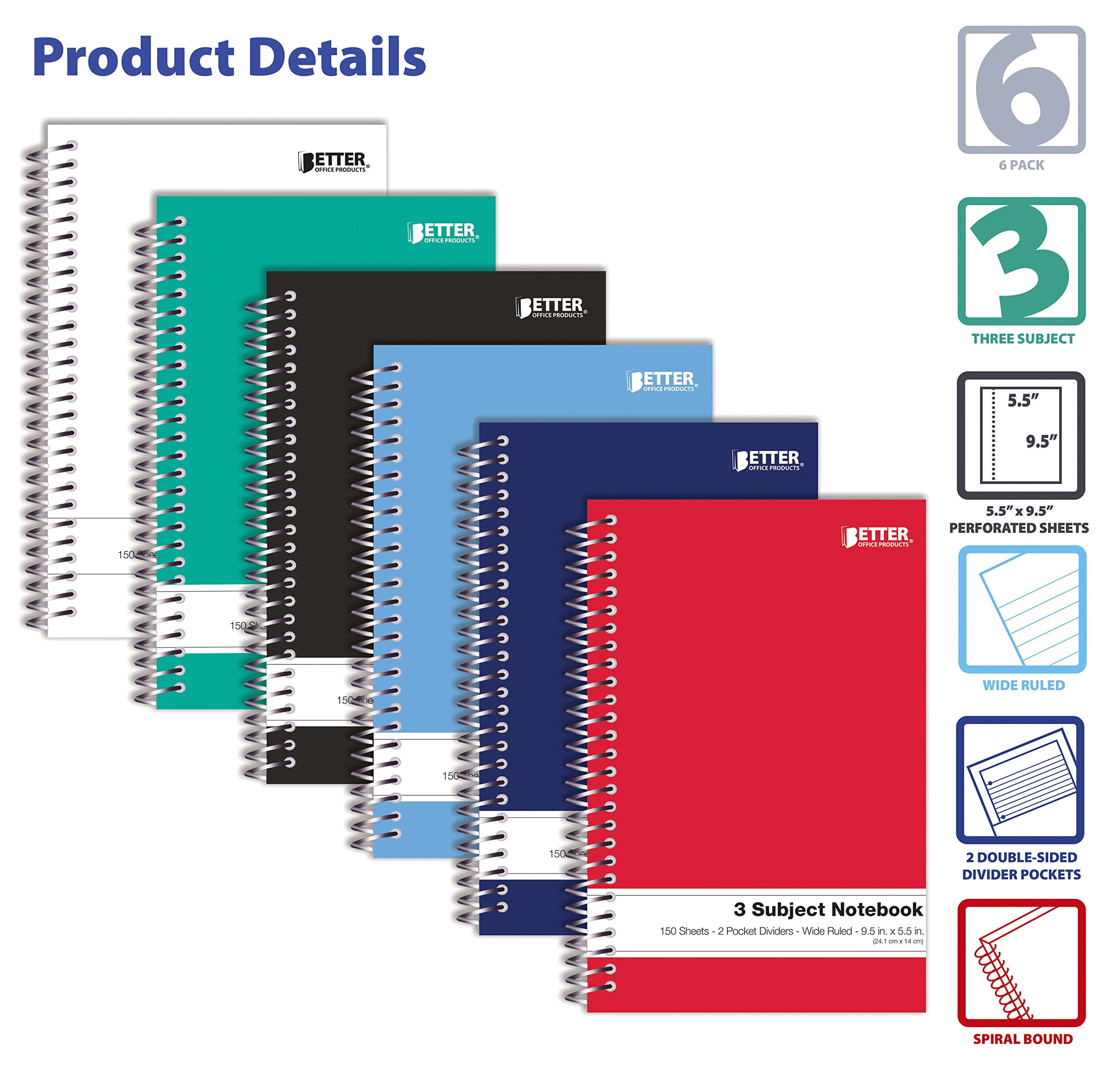Better Office Products - 3 subject notebook - spiral-bound - 140 x 241 mm - 150 sheets / 300 pages - wide - assorted (pack of 6)